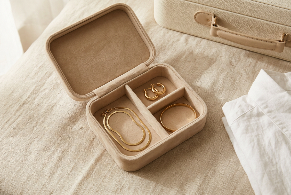 Open beige jewellery travel case with gold tone necklaces, earrings and a bracelet arranged on ivory linen beside a suitcase