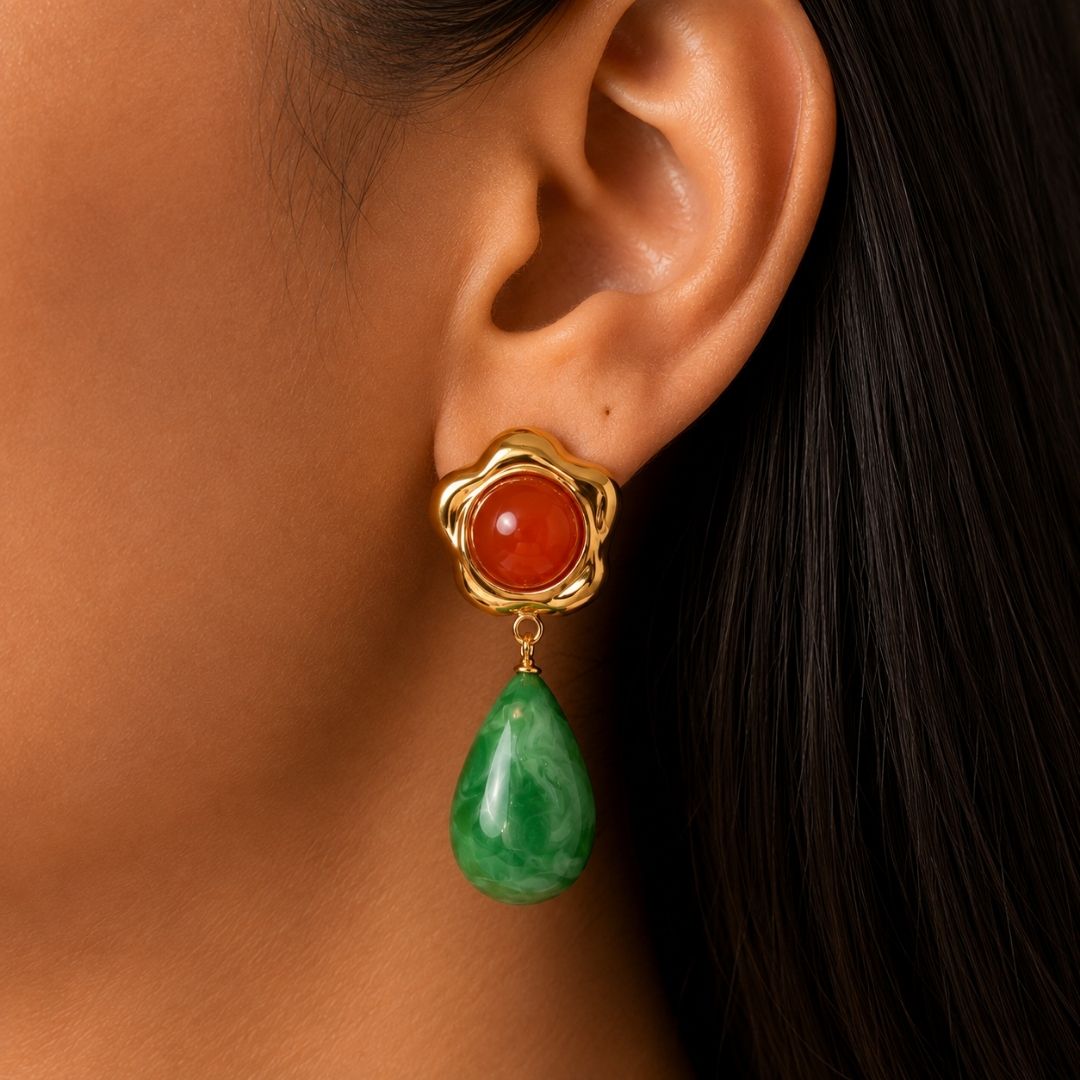 Dual Stone Flower Drop Earrings