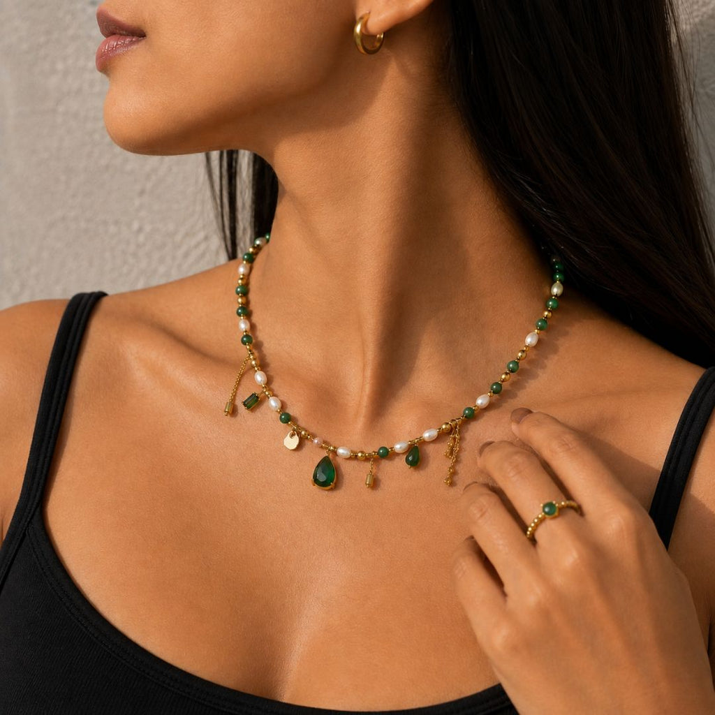 Green Stoned Pearl Charm Necklace