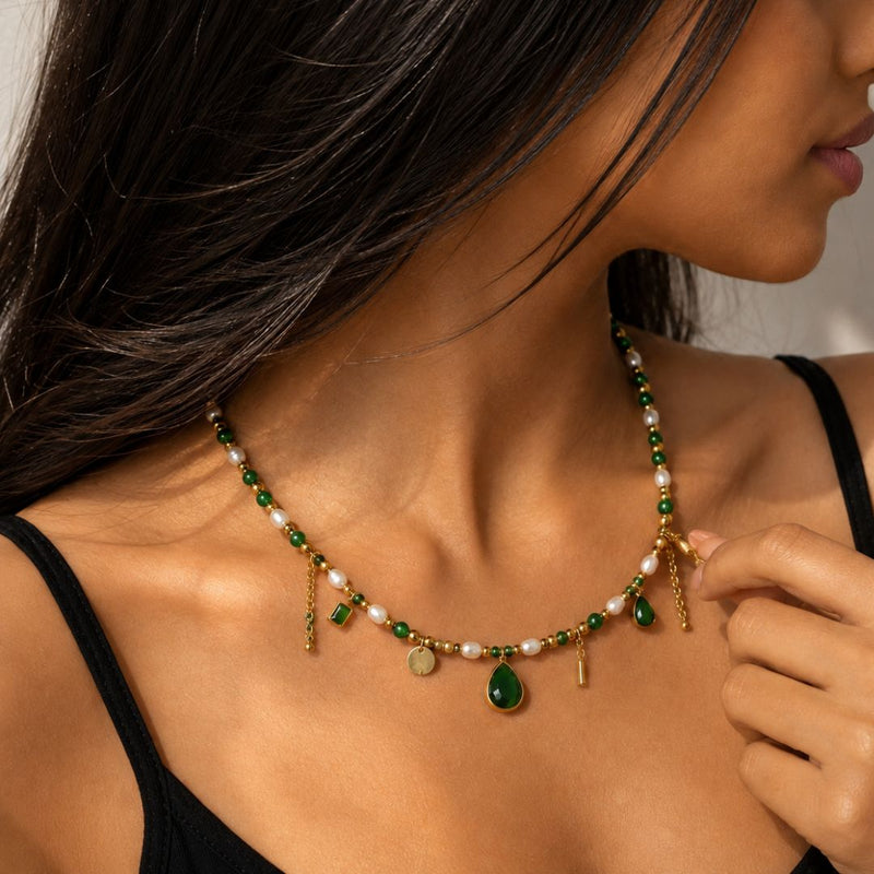 Green Stoned Pearl Charm Necklace — Necklaces by Niyansa