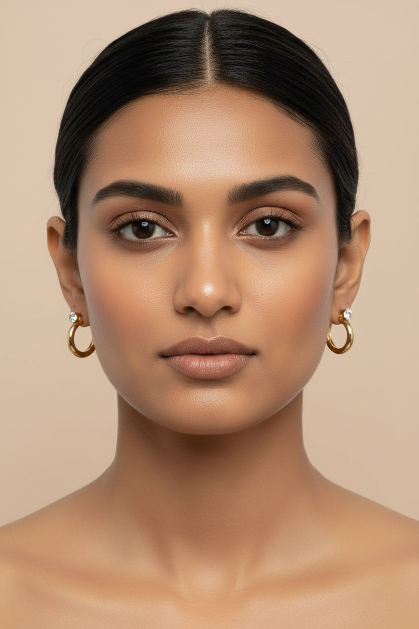 Woman wearing gold hoop earrings against a beige background
