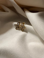 Zircon petal earrings on a soft beige fabric.