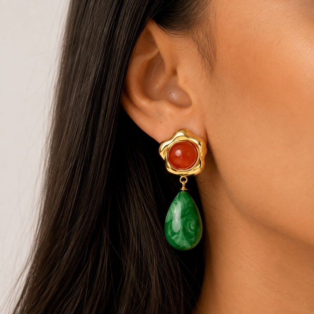 Dual Stone Flower Drop Earrings