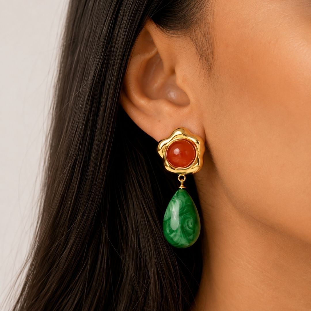 Dual Stone Flower Drop Earrings
