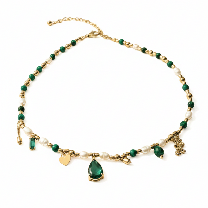 The Green Stoned Pearl Charm Necklace is designed using 18kt gold plated on 316L grade titanium steel. 