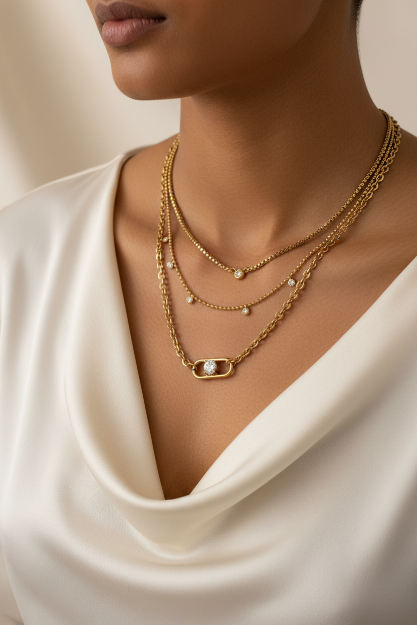 Model wearing a layered gold necklace featuring mixed chain textures, delicate AAA cubic zirconia accents, and a statement clasp pendant in 18KT PVD gold-plated stainless steel by NIYANSA.