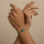 18kt pvd plated gold bracelet with a natural green stone in the center. 