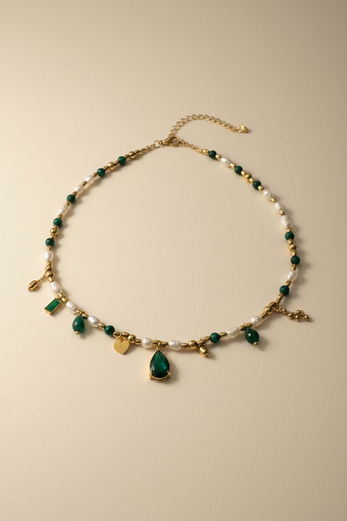 Green Stoned Pearl Charm Necklace