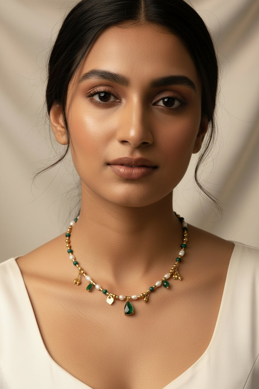 Green Stoned Pearl Charm Necklace