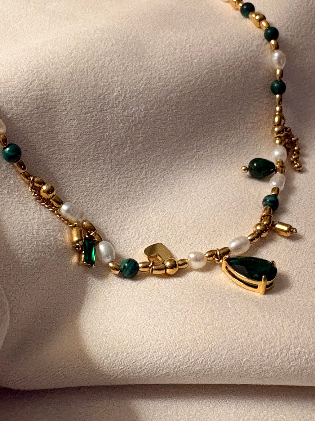 Green Stoned Pearl Charm Necklace