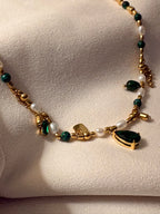 Green Stoned Pearl Charm Necklace