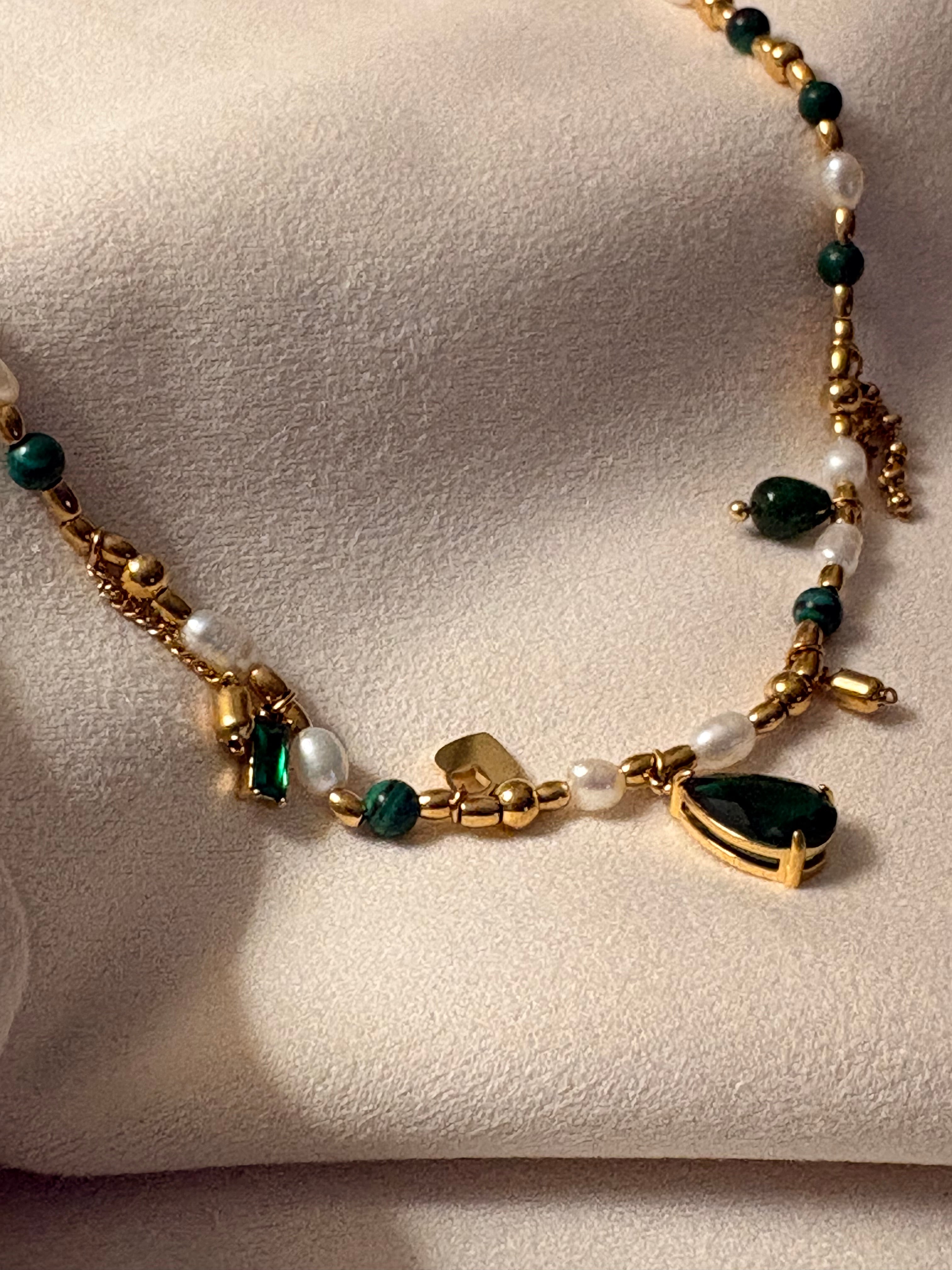 Green Stoned Pearl Charm Necklace