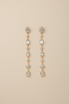 18KT gold plated crystal drop earrings with multi-shaped stones in waterproof anti tarnish finish by NIYANSA.