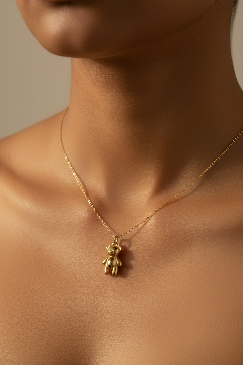 18kt PVD Coated demifine jewelry Gold teddy bear charm on 316L Stainless Steel on a gold chain
