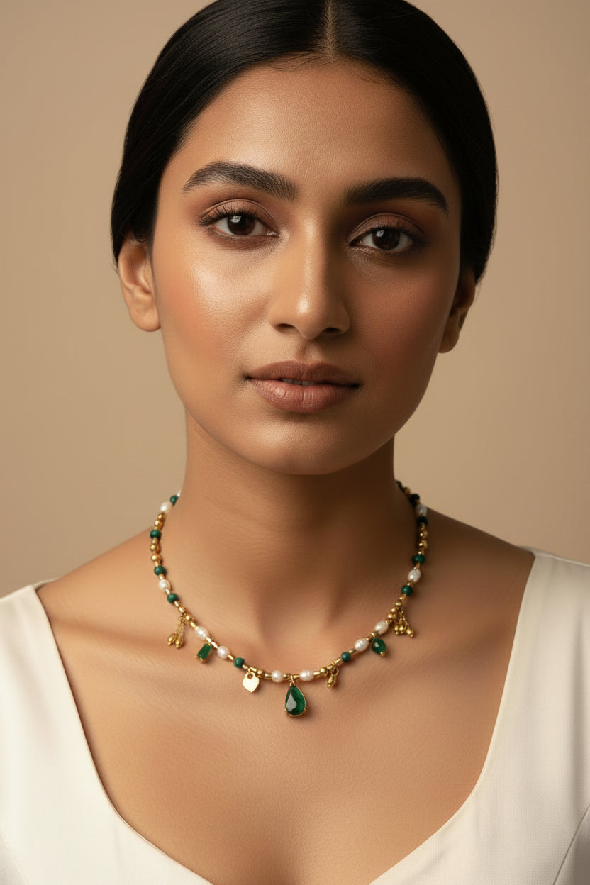 Green Stoned Pearl Charm Necklace