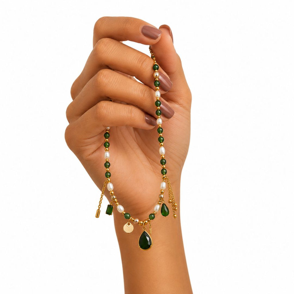 Green Stoned Pearl Charm Necklace