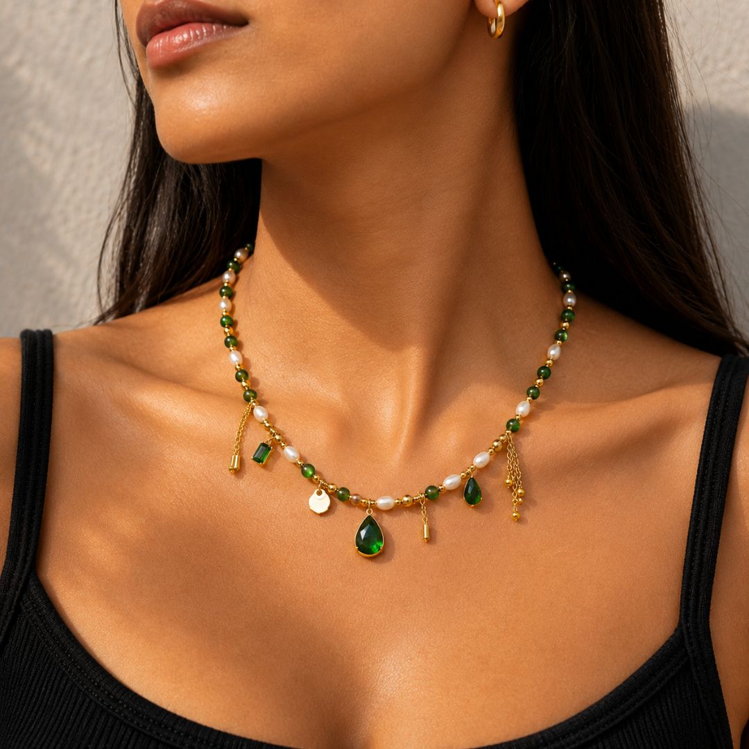 Green Stoned Pearl Charm Necklace