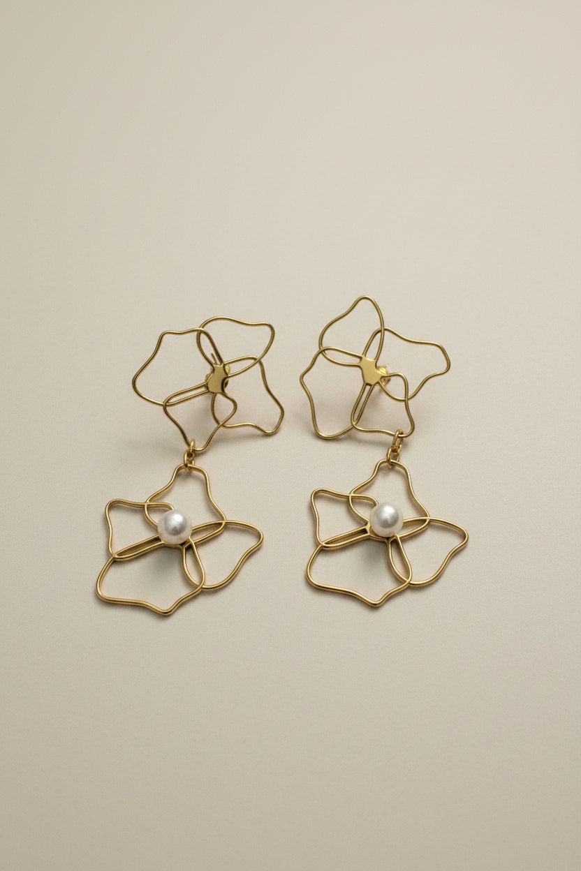 Gold floral earrings with pearl centers on a light gray background