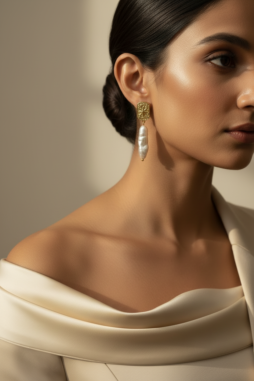 Close-up of a woman wearing elegant fresh water pearl earrings with a neutral background