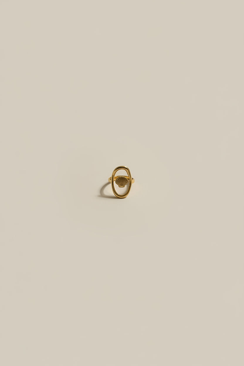 Seashell statement ring in 18KT PVD gold plated stainless steel with an adjustable anti tarnish design.