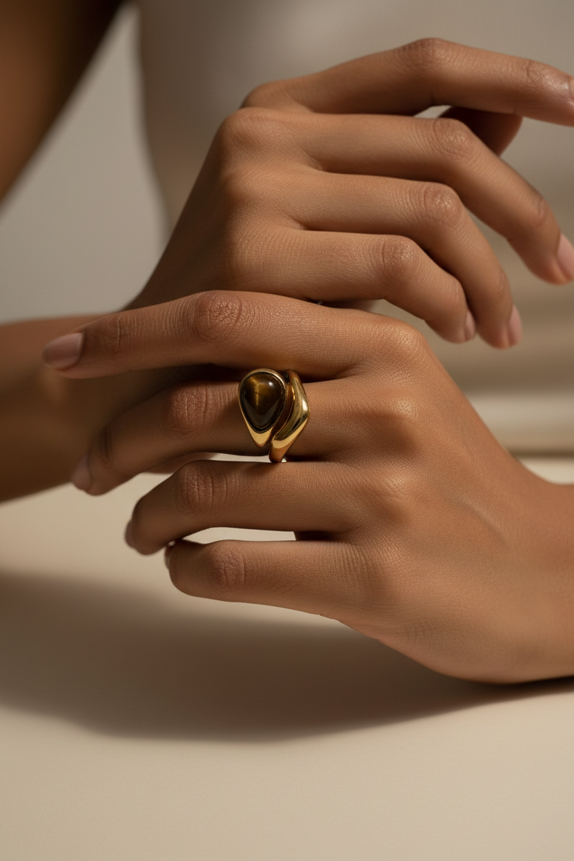 Tiger eye stone ring with 18KT PVD gold plated stainless steel band by NIYANSA.
