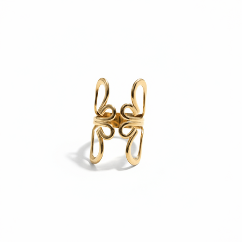 NIYANSA flower-inspired adjustable gold ring with sculptural open petals and 18KT PVD gold plating.