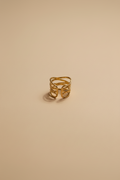 Minimalist gold ring with woven multi-band design in 18KT PVD gold plated stainless steel.